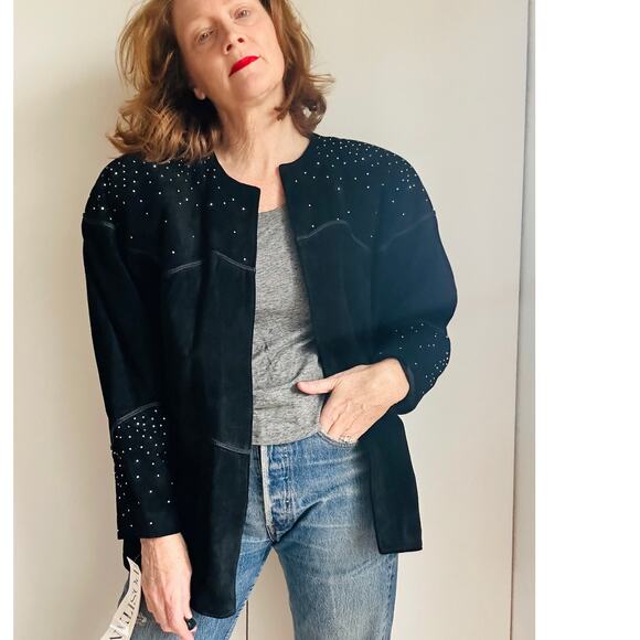 Vintage Suede Jacket/Coat Black Rhinestones Deadstock Y2K/90s Era Rocker Chic - Picture 4 of 11